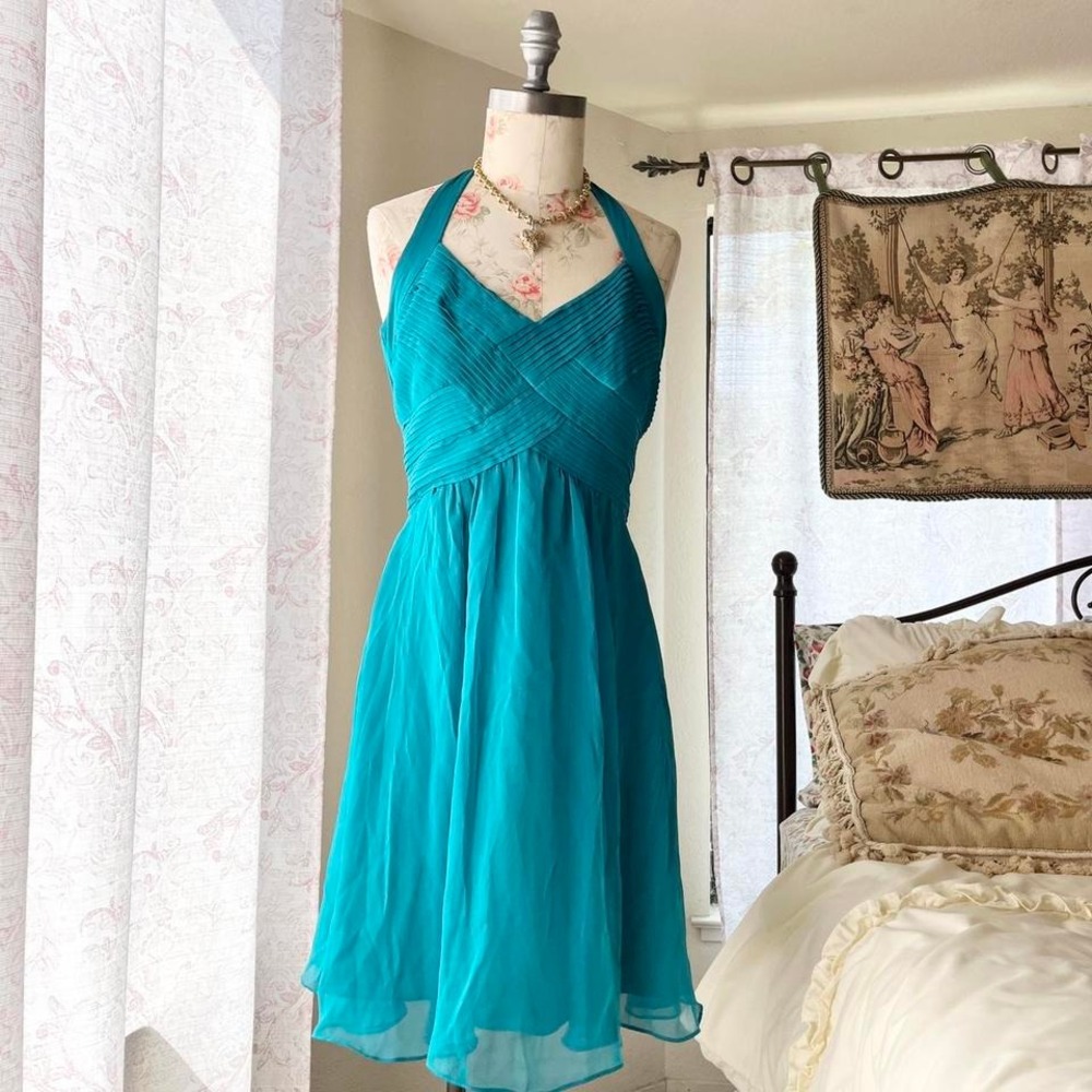 blue‎ silk mini dress